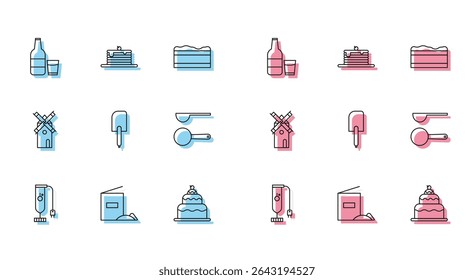 Set line Blender, Flour pack, Glass bottle with milk and glass, Cake, Spatula, Measuring spoon, Windmill and Stack of pancakes icon. Vector