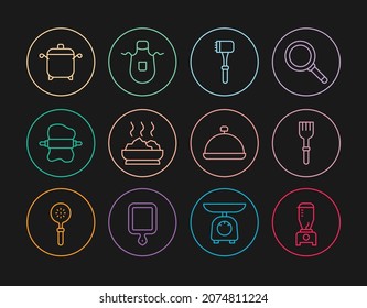 Set line Blender, Fork, Kitchen hammer, Bowl of hot soup, Rolling pin on dough, Cooking pot, Covered with tray food and apron icon. Vector