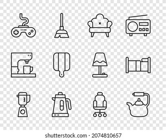 Set line Blender, Kettle with handle, Sofa, Electric kettle, Gamepad, Cutting board, Office chair and Bed icon. Vector