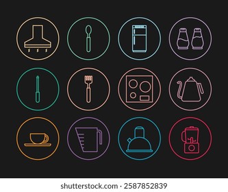 Set line Blender, Kettle with handle, Refrigerator, Fork, Knife sharpener, Kitchen extractor fan, Electric stove and Spoon icon. Vector