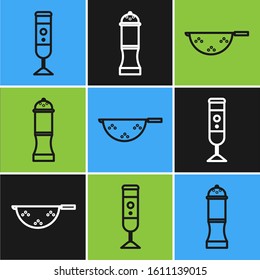 Set line Blender, Kitchen colander and Pepper icon. Vector