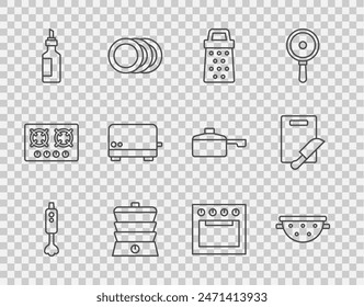 Mezclador de línea, colador de cocina, rallador, cocina lenta, botella de aceite de oliva, tostadora, horno y cuchillo de corte icono. Vector