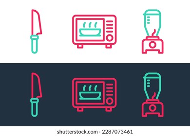 Set line Blender, Knife and Microwave oven icon. Vector
