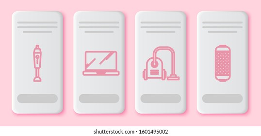 Set line Blender , Laptop , Vacuum cleaner  and Stereo speaker . White rectangle button. Vector