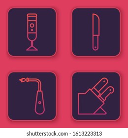 Set line Blender, Long electric lighter, Knife and Knife. Blue square button. Vector