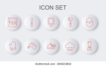 Set line Blender, Oven glove, Cutting board, Chef hat, Cooking live streaming, Teaspoon, Electric mixer and Covered with tray of food icon. Vector