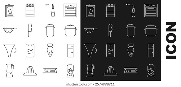 Set line Blender, Refrigerator, Cooking pot, Long electric lighter, Bread knife, Kitchen colander, Cookbook and  icon. Vector