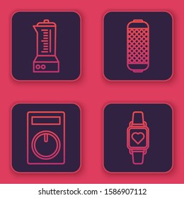 Set line Blender , Remote control, Stereo speaker  and Smart watch showing heart beat rate . Blue square button. Vector
