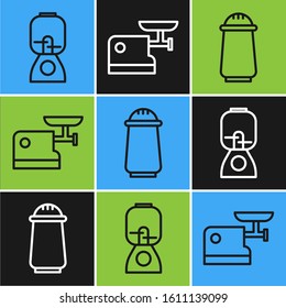 Set line Blender, Salt and pepper and Kitchen meat grinder icon. Vector