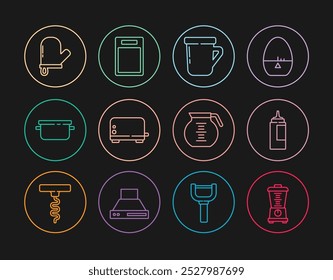 Set line Blender, Sauce bottle, Coffee cup, Toaster, Cooking pot, Oven glove,  and Cutting board icon. Vector