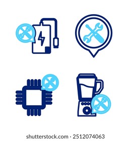 Set line Blender service, Processor, Location and Power bank icon. Vector