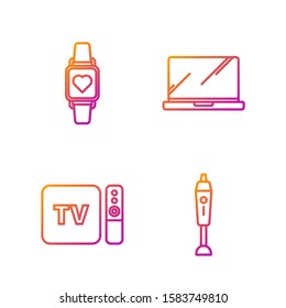 Set line Blender , TV box receiver and player with remote controller , Smart watch showing heart beat rate  and Laptop . Gradient color icons. Vector