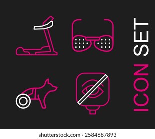 Set line Blindness, Dog wheelchair, glasses and Treadmill machine icon. Vector