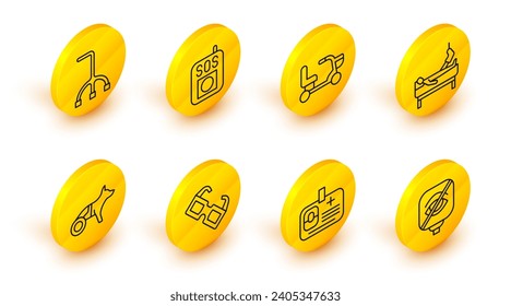 Set line Blindness, Identification badge, Eyeglasses, Dog wheelchair, Patient with broken leg, Electric, Press the SOS button and Walking stick cane icon. Vector