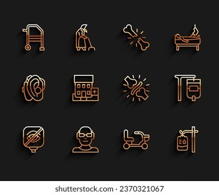 Fijar la línea Ceguera, Mala vista, Walker, silla de ruedas eléctrica, bolsa IV, edificio del hospital médico y dolor de articulación, icono del dolor de rodilla. Vector