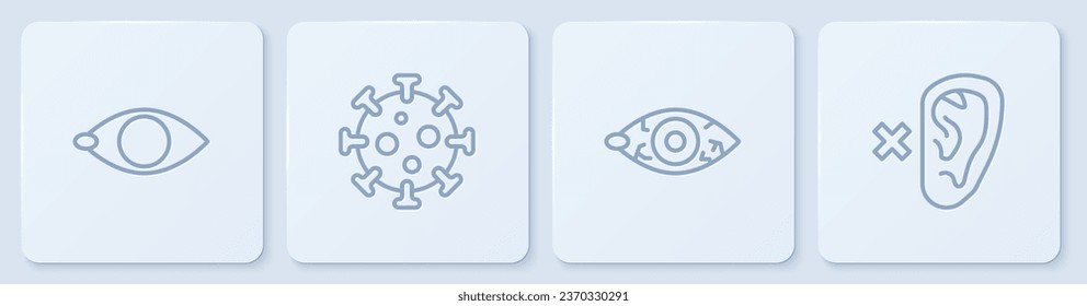 Fijar la línea Ceguera, Ojo rojizo, Virus y Sordo. Botón cuadrado blanco. Vector