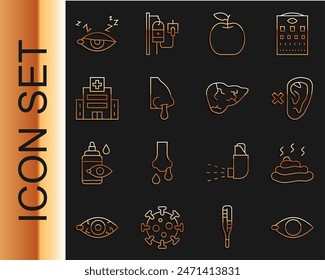 Set line Blindness, Shit, Deaf, Apple, Runny nose, Medical hospital building, Insomnia and Hepatitis virus icon. Vector