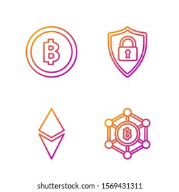 Set line Blockchain technology Bitcoin, Cryptocurrency coin Ethereum ETH, Cryptocurrency coin Bitcoin and Shield security with lock. Gradient color icons. Vector