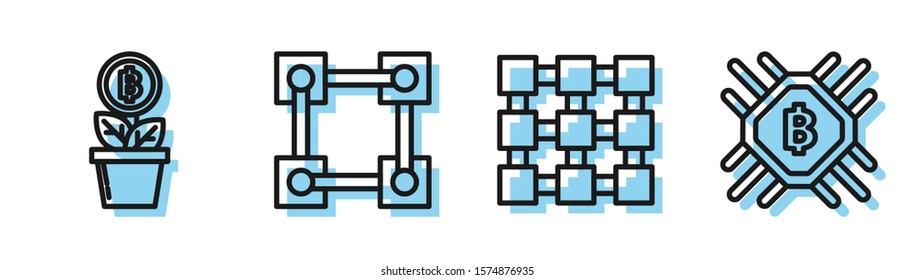 Set line Blockchain technology, Bitcoin plant in the pot, Blockchain technology and CPU mining farm icon. Vector