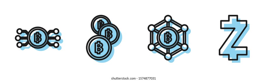 Set line Blockchain technology Bitcoin, Cryptocurrency bitcoin in circle with microchip circuit, Cryptocurrency coin Bitcoin and Cryptocurrency coin Zcash ZEC icon. Vector