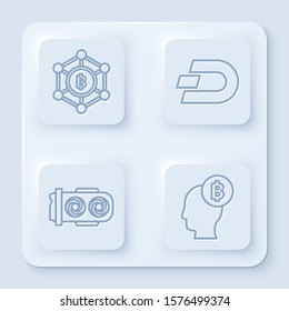 Set line Blockchain technology Bitcoin, Cryptocurrency coin Dash, Mining farm and Bitcoin think. White square button. Vector