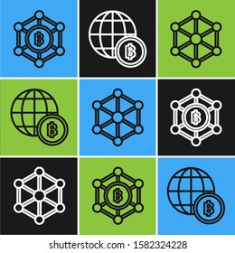 Set line Blockchain technology Bitcoin, Blockchain technology and Globe and cryptocurrency coin Bitcoin icon. Vector