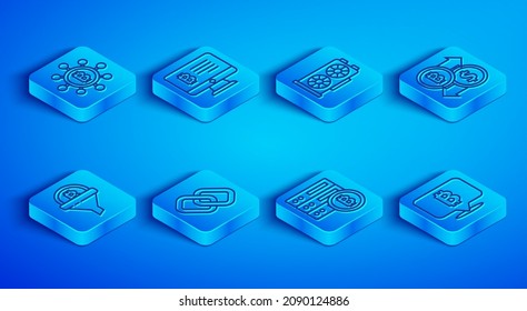 Set Line Blockchain Technologie Bitcoin, Mining Bitcoin aus Monitor, Video Grafikkarte, Kettenlink, Server, Kryptowährungsaustausch, Verkaufstrichter mit und Symbol. Vektorgrafik