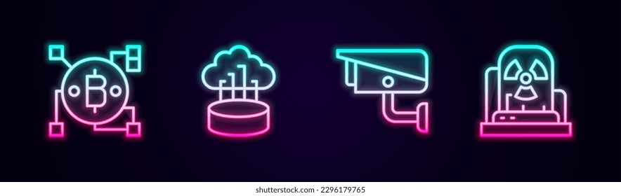 Ajuste la tecnología Blockchain Bitcoin, conexión en nube de red, cámara de seguridad y lámpara de advertencia radiactiva. Icono de neón brillante. Vector