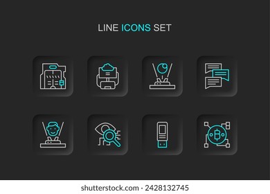 Set line Blockchain technology Bitcoin, USB flash drive, Eye scan, Hologram, Speech bubble chat, Cloud database and Futuristic sliding doors icon. Vector