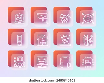 Set line Blockchain technology Bitcoin, Cloud database, Hologram, Headphones, Futuristic sliding doors, Earth with exclamation mark, Internet piracy and Security camera icon. Vector