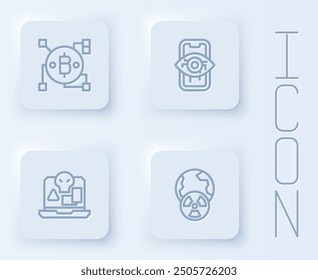 Set line Blockchain technology Bitcoin, Computer vision, Internet piracy and Planet earth and radiation. White square button. Vector