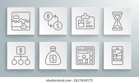 Set line Blockchain technology Bitcoin, Cryptocurrency exchange, Money bag, Website with growth graph, Mobile stock trading, Identification badge, Old hourglass and Failure stocks market icon. Vector