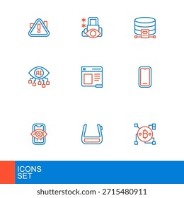 Definir a linha Tecnologia Blockchain Bitcoin, óculos inteligentes em óculos, Visão do computador, Telefone celular, janela do navegador, banco de dados de nuvem e ícone de segurança cibernética. Vetor
