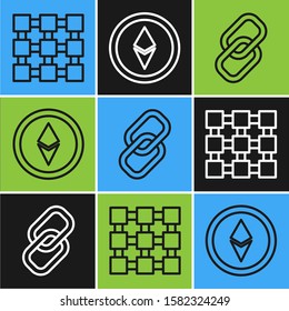 Set line Blockchain technology, Chain link and Cryptocurrency coin Ethereum ETH icon. Vector