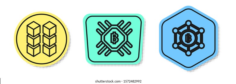 Set line Blockchain technology, CPU mining farm and Blockchain technology Bitcoin. Colored shapes. Vector