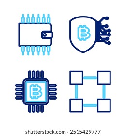 Definir a tecnologia Blockchain linha, fazenda de mineração CPU, Escudo com bitcoin e ícone da carteira criptomoeda. Vetor