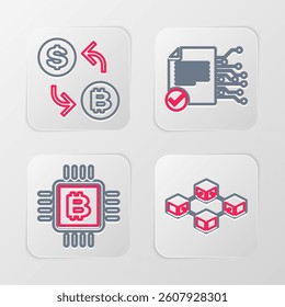 Set line Blockchain technology, CPU mining farm, Smart contract and Processor chip with dollar icon. Vector