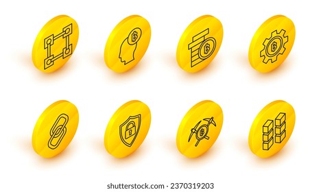 Set line Blockchain technology, Crossed pickaxe, Shield security with, Chain link, Cryptocurrency coin Bitcoin, think and  icon. Vector