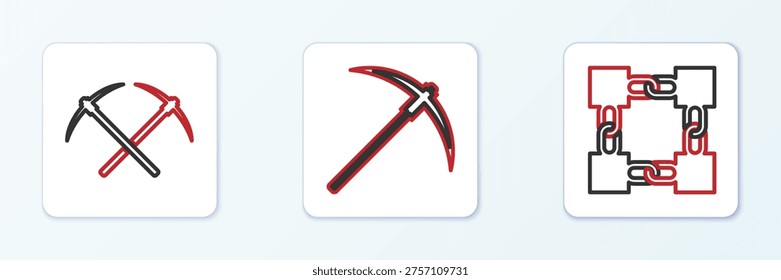 Set line Blockchain technology, Crossed pickaxe and Pickaxe icon. Vector