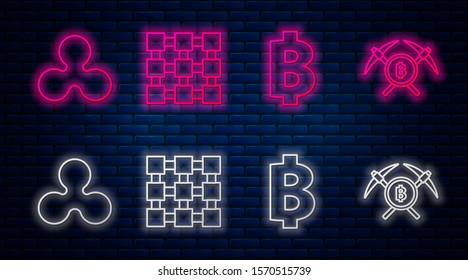 Set line Blockchain technology, Cryptocurrency coin Bitcoin, Cryptocurrency coin Ripple XRP and Crossed pickaxe. Glowing neon icon on brick wall. Vector