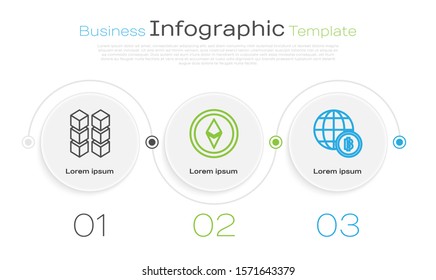 Set line Blockchain technology, Cryptocurrency coin Ethereum ETH and Globe and cryptocurrency coin Bitcoin. Business infographic template. Vector