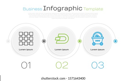 Set line Blockchain technology, Cryptocurrency coin Dash and Shopping basket with bitcoin. Business infographic template. Vector