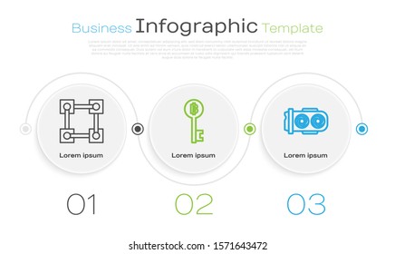Set line Blockchain technology, Cryptocurrency Bitcoin key and Mining farm. Business infographic template. Vector