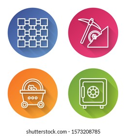 Set line Blockchain technology, Cryptocurrency cloud mining, Shopping basket with bitcoin and Safe. Color circle button. Vector