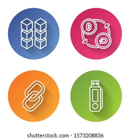 Set line Blockchain technology, Cryptocurrency exchange, Chain link and USB flash drive. Color circle button. Vector