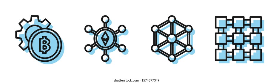 Set line Blockchain technology, Cryptocurrency coin Bitcoin, Blockchain technology Ethereum ETH and Blockchain technology icon. Vector
