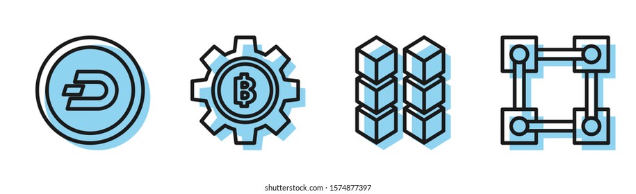 Set line Blockchain technology, Cryptocurrency coin Dash, Cryptocurrency coin Bitcoin and Blockchain technology icon. Vector