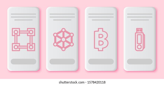 Set line Blockchain technology, Blockchain technology, Cryptocurrency coin Bitcoin and USB flash drive. White rectangle button. Vector