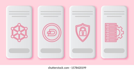 Set line Blockchain technology, Cryptocurrency coin Dash, Shield security with lock and Server and gear. White rectangle button. Vector