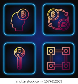 Set line Blockchain technology, Cryptocurrency key, Bitcoin think and Cryptocurrency exchange. Gradient color icons. Vector
